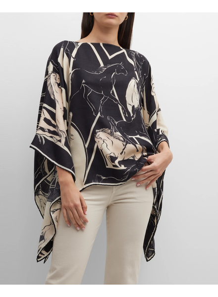 CASHMERE PRINTED PONCHO: GALLOPING: BLACK