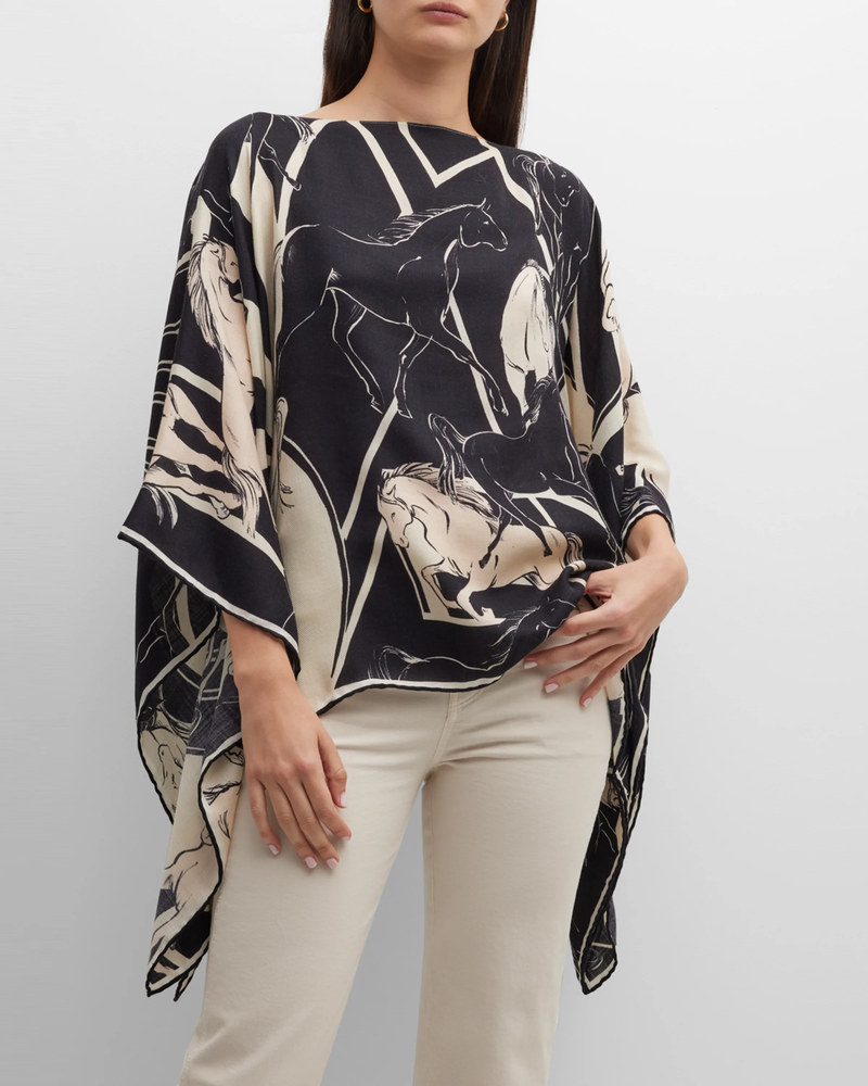 CASHMERE PRINTED PONCHO: GALLOPING: BLACK