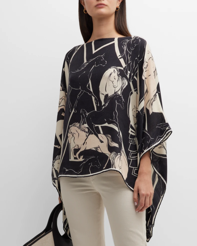 CASHMERE PRINTED PONCHO: GALLOPING: BLACK