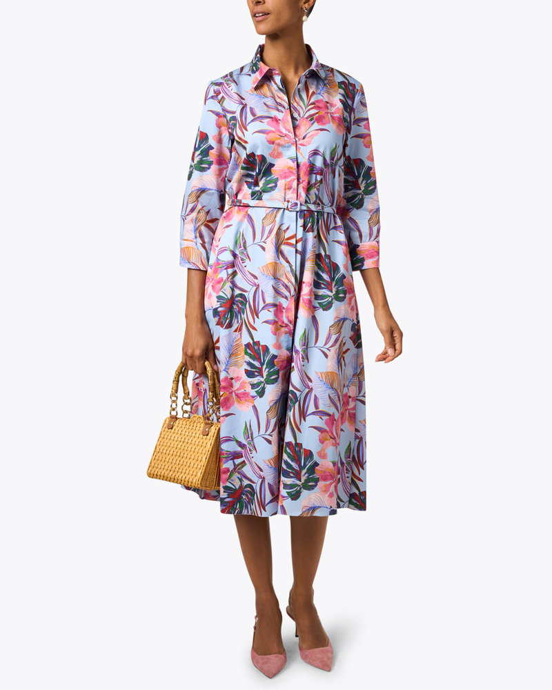 BUTTON FRONT  DRESS W/WAIST: TROPICAL PRINT: BLUE