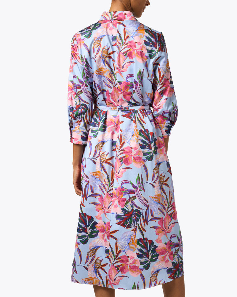BUTTON FRONT  DRESS W/WAIST: TROPICAL PRINT: BLUE