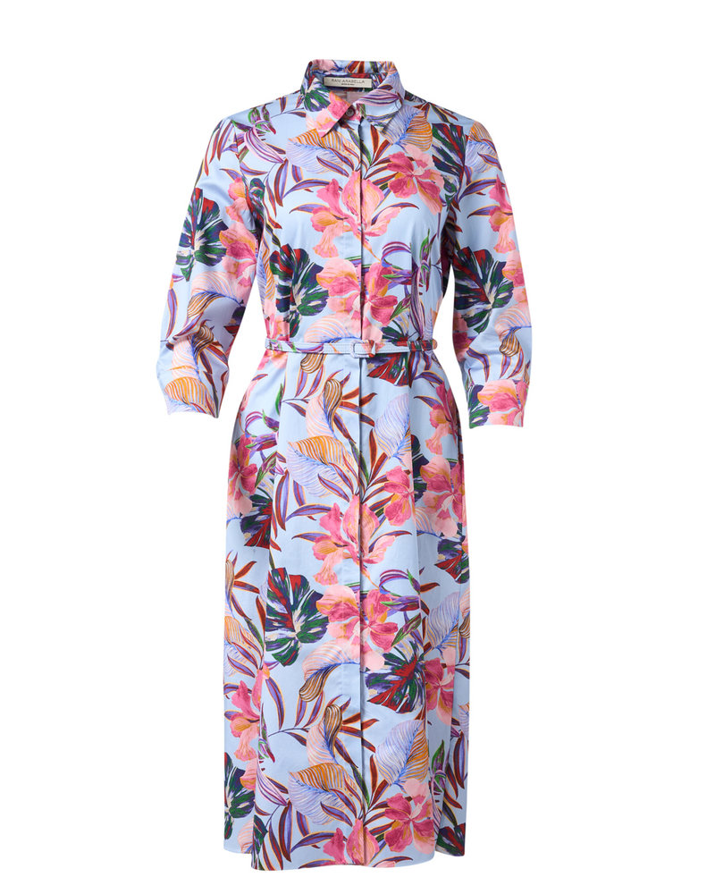 BUTTON FRONT  DRESS W/WAIST: TROPICAL PRINT: BLUE