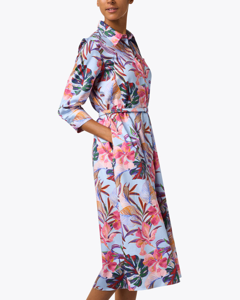 BUTTON FRONT  DRESS W/WAIST: TROPICAL PRINT: BLUE
