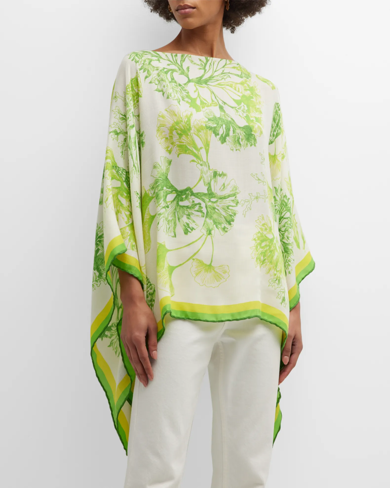 CASHMERE PRINTED PONCHO: CORAL: LIME