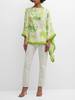 CASHMERE PRINTED PONCHO: CORAL: LIME