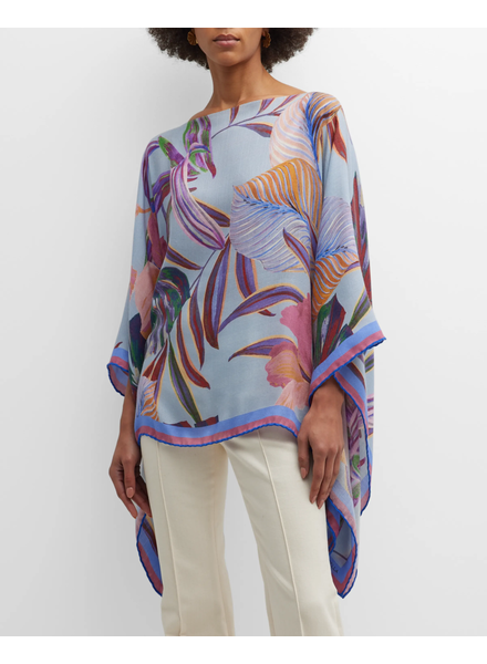 CASHMERE PRINTED PONCHO: TROPICAL: BLUE