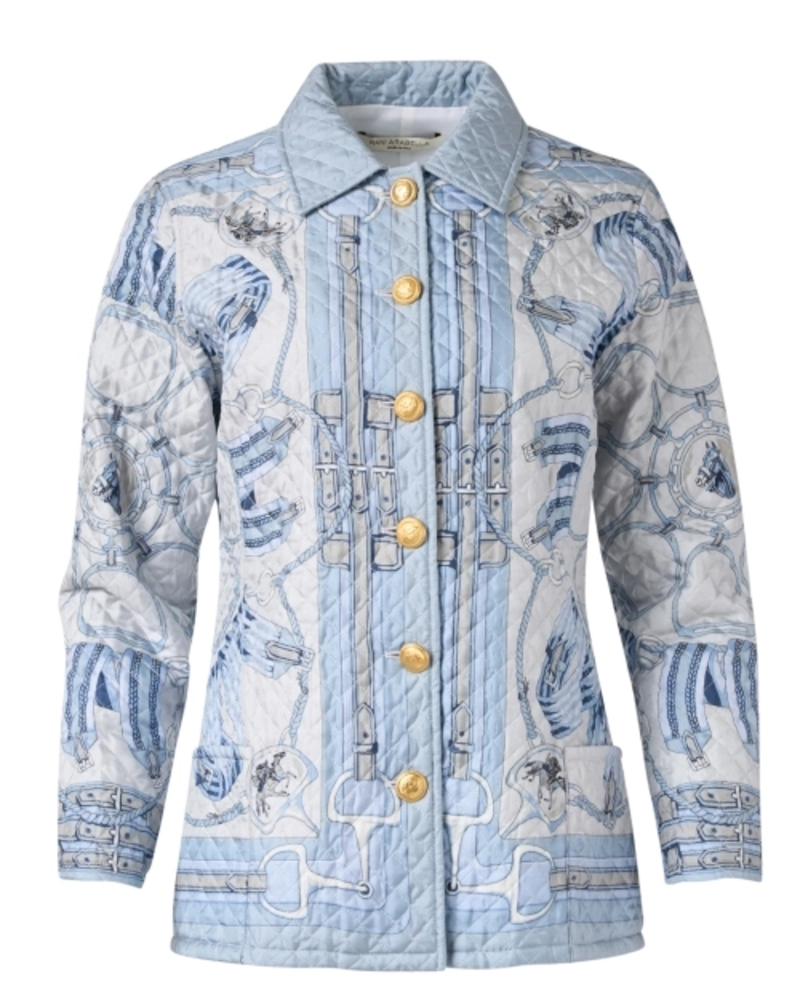 SILK PRINTED QUILTED JACKET: STIRRUPS BLUE