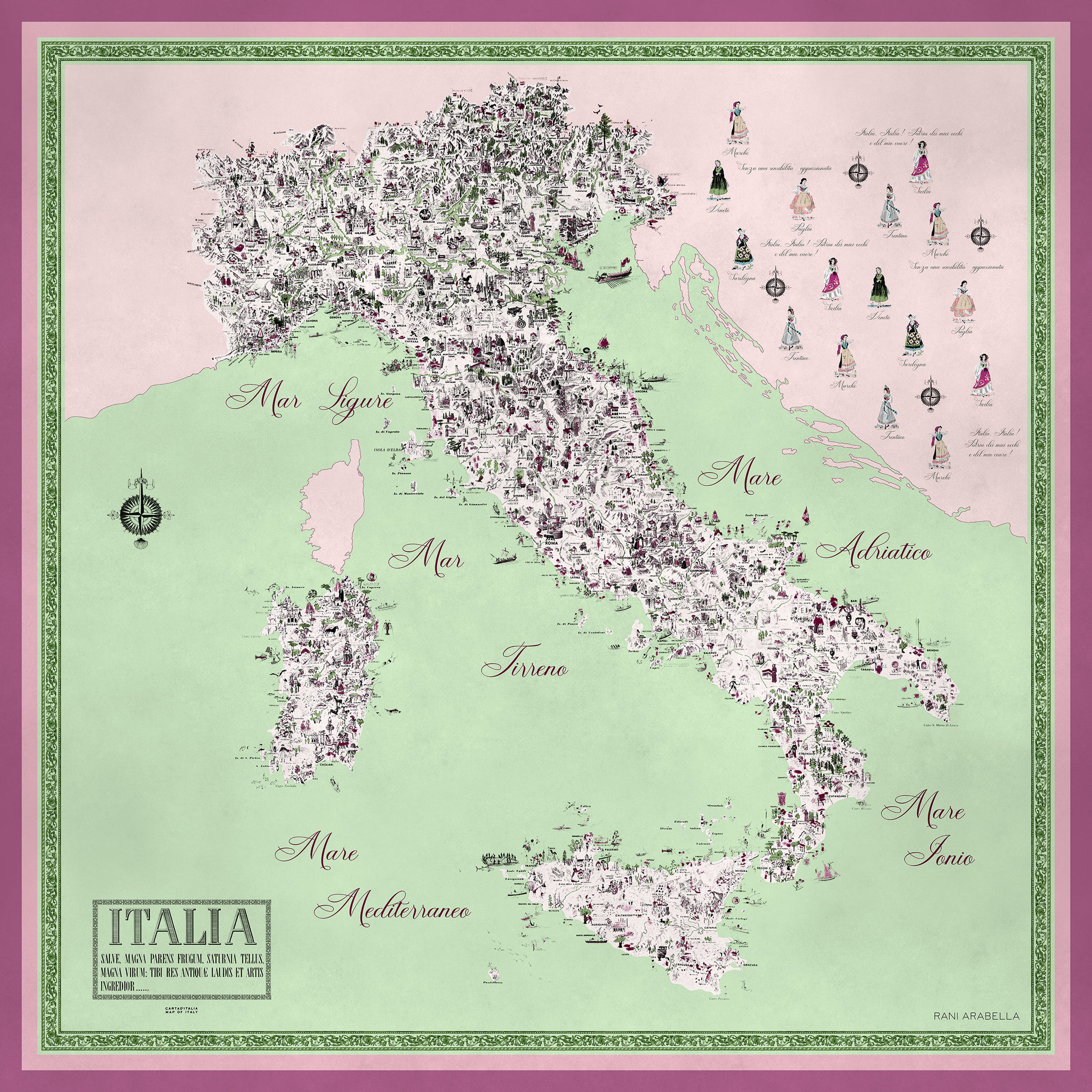 SILK PRINTED SCARF: MAP OF ITALY: MAGENTA - RANI ARABELLA