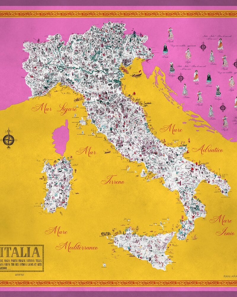 SILK PRINTED SCARF: MAP OF ITALY: MAGENTA