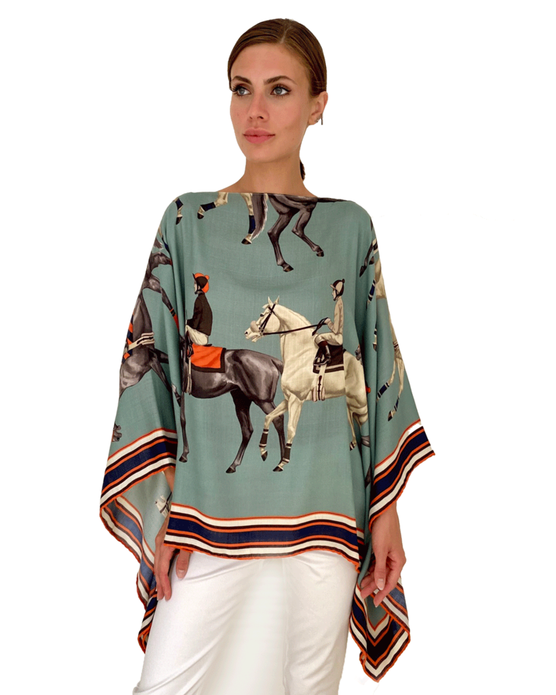 CASHMERE PRINTED PONCHO: POLO: TEAL