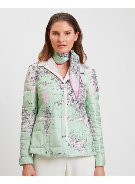 SILK PRINTED QUILTED BLAZER WITH SUEDE DETAIL: ITALY: CELADON