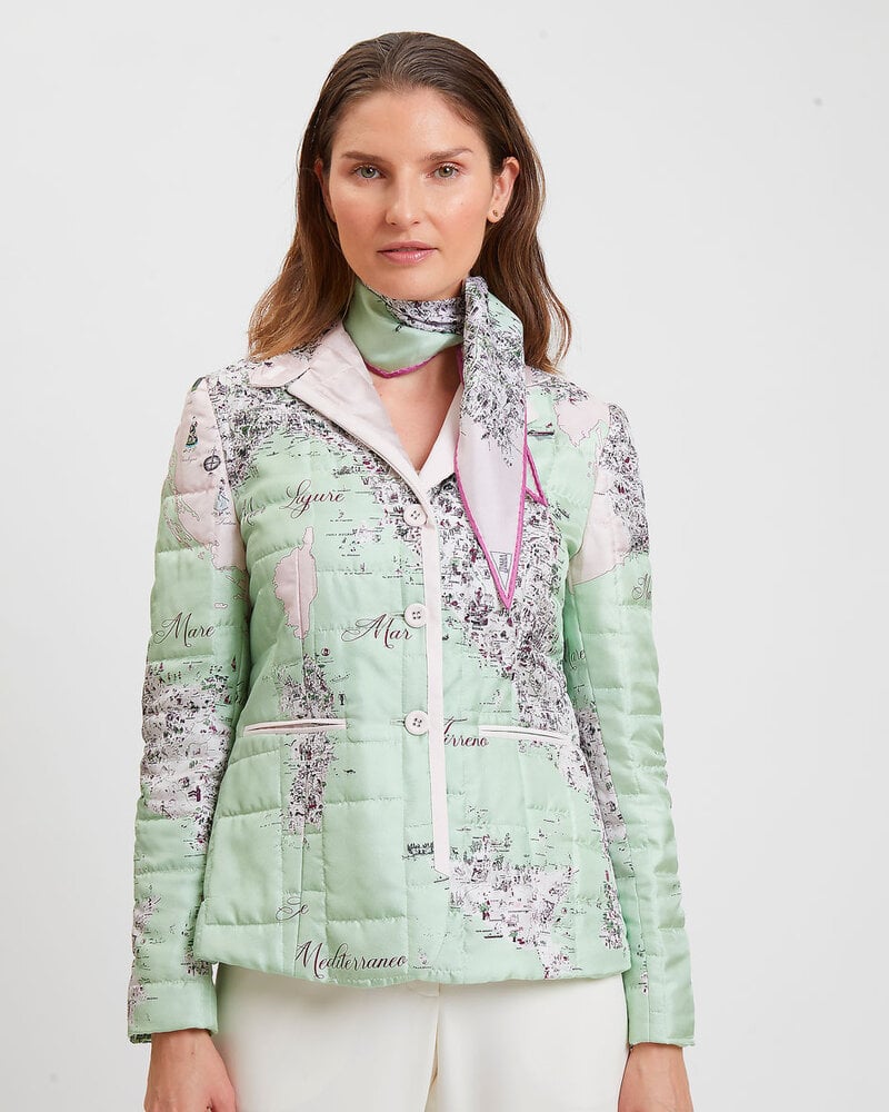 100% SILK PRINTED QUILTED BLAZER WITH SUEDE DETAIL: ITALY: CELADON