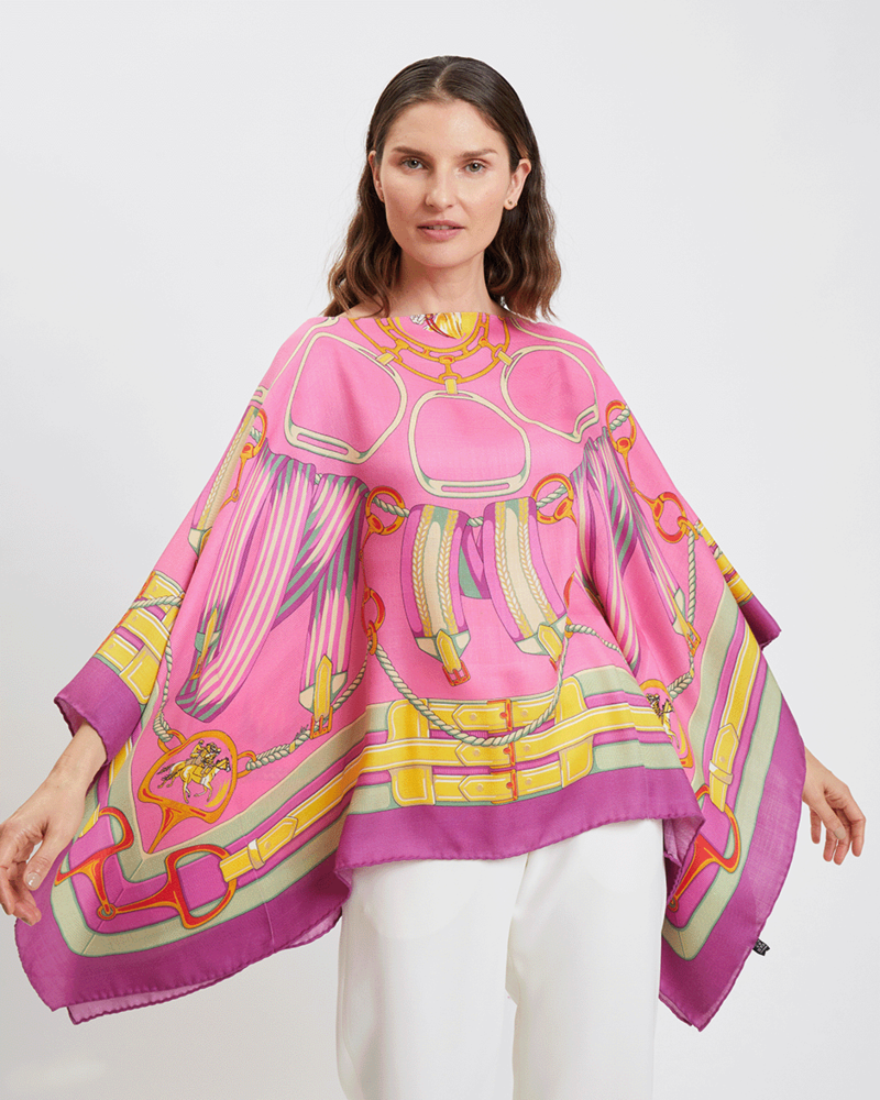 CASHMERE PRINTED PONCHO: STIRRUPS: FLAMINGO