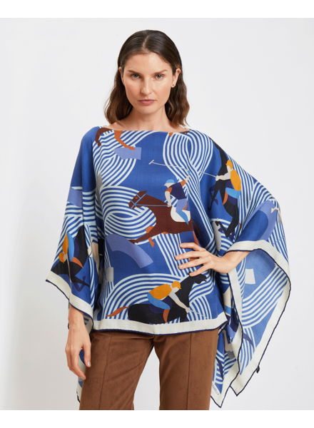 CASHMERE PRINTED PONCHO: POLO PLAYERS: DENIM