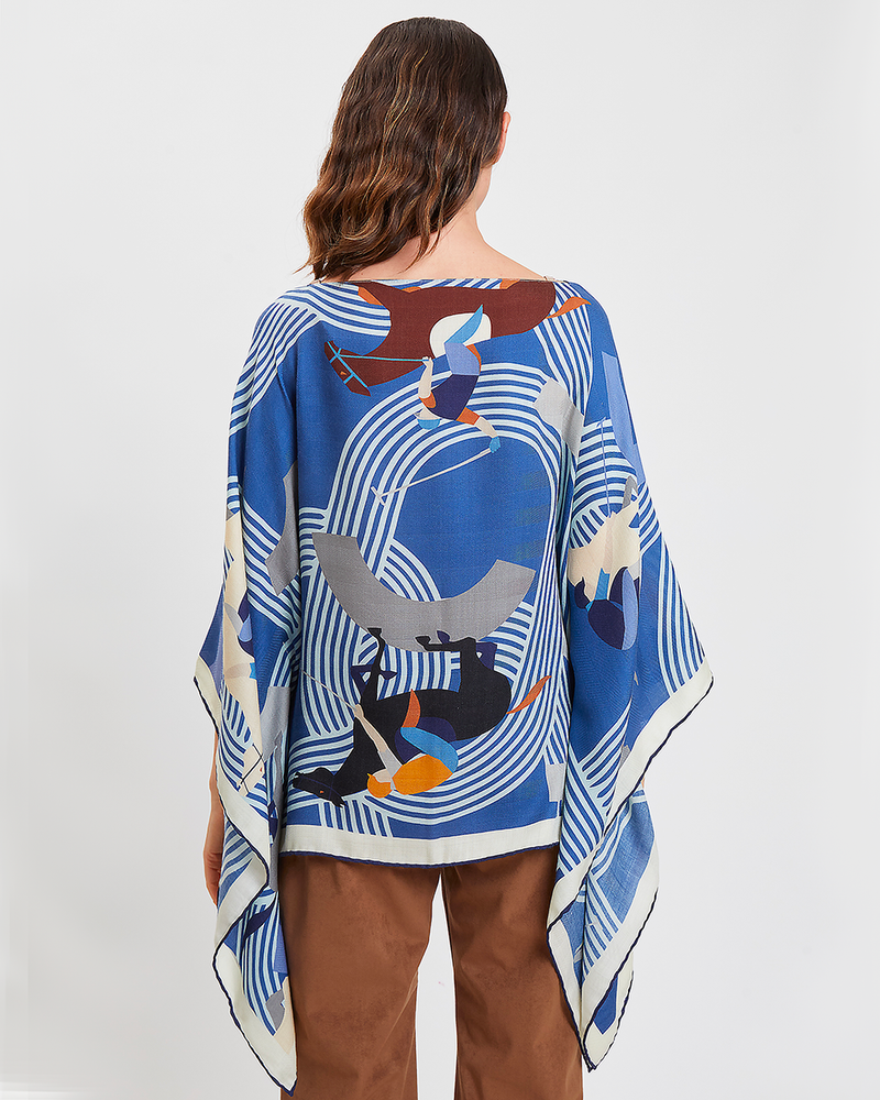 CASHMERE PRINTED PONCHO: POLO PLAYERS: DENIM