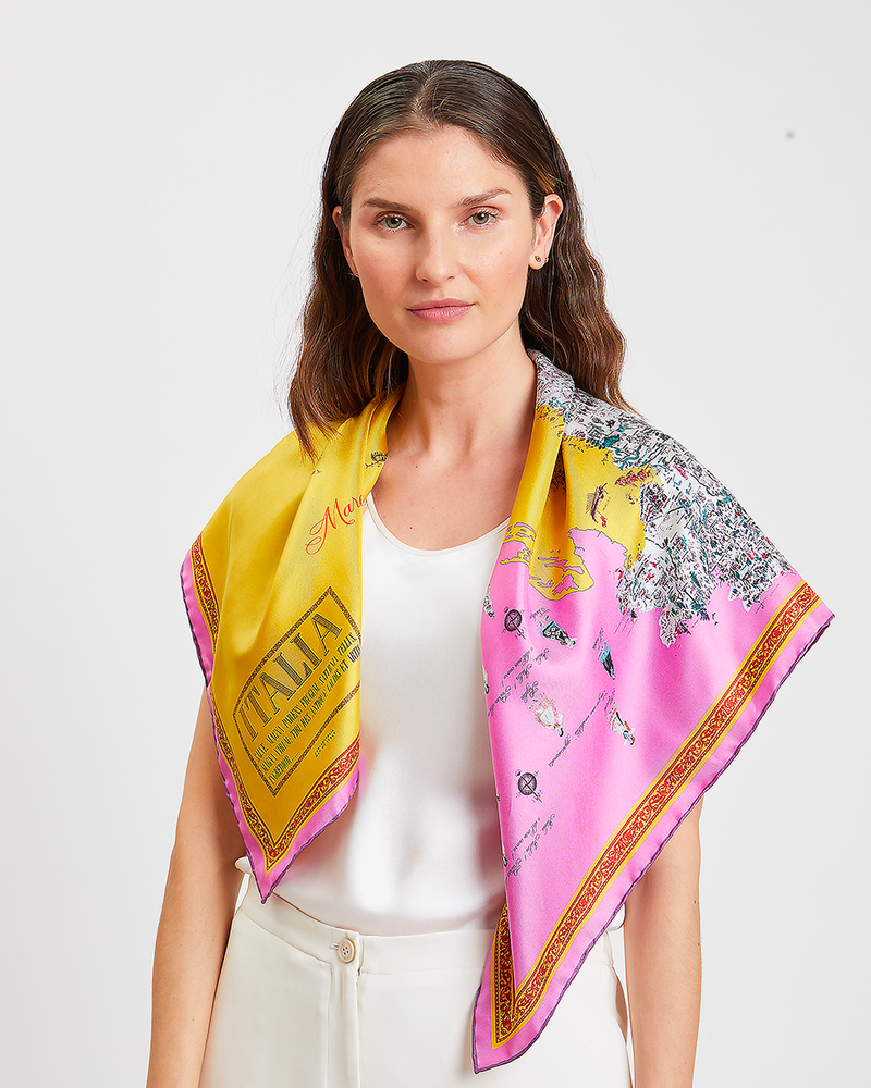 SILK PRINTED SCARF: MAP OF ITALY: MAGENTA