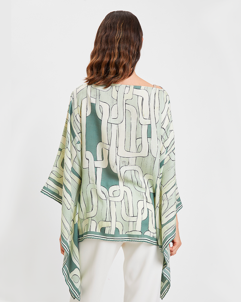 CASHMERE PRINTED PONCHO: CHAINS: LIGHT GREEN