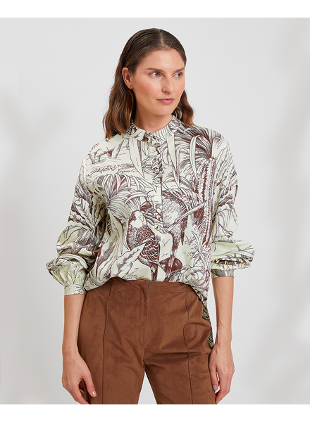 POP OVER WITH POET SLEEVE COTTON PRINTED SHIRT: JUNGLE: IVORY