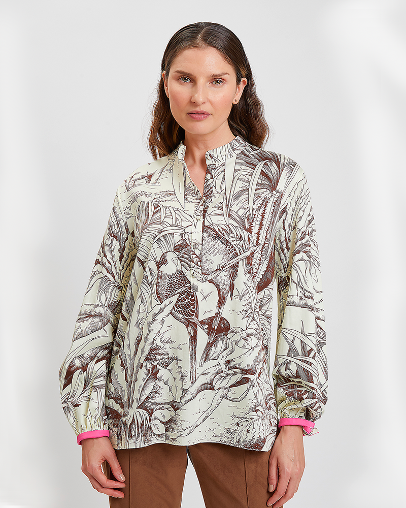 100% COTTON PRINTED POP OVER WITH POET SLEEVE COTTON PRINTED SHIRT: JUNGLE: IVORY