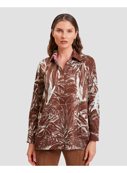 COLLARED COTTON PRINTED SHIRT: JUNGLE: BROWN-IVORY