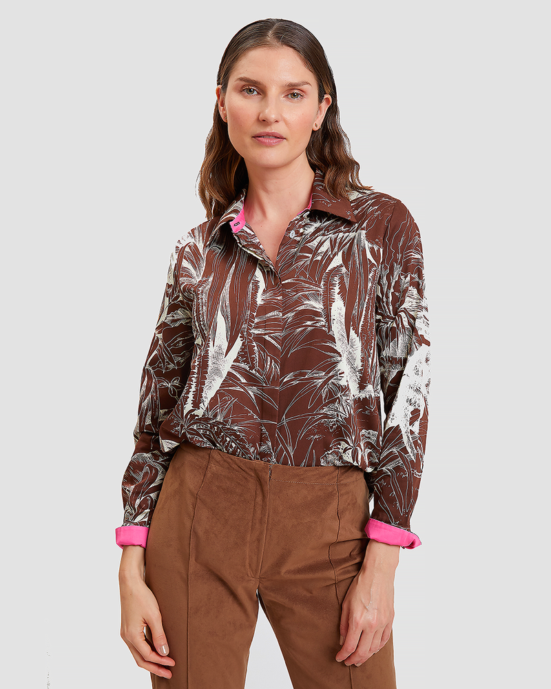 100% COTTON PRINTED SHIRT: JUNGLE: BROWN-IVORY