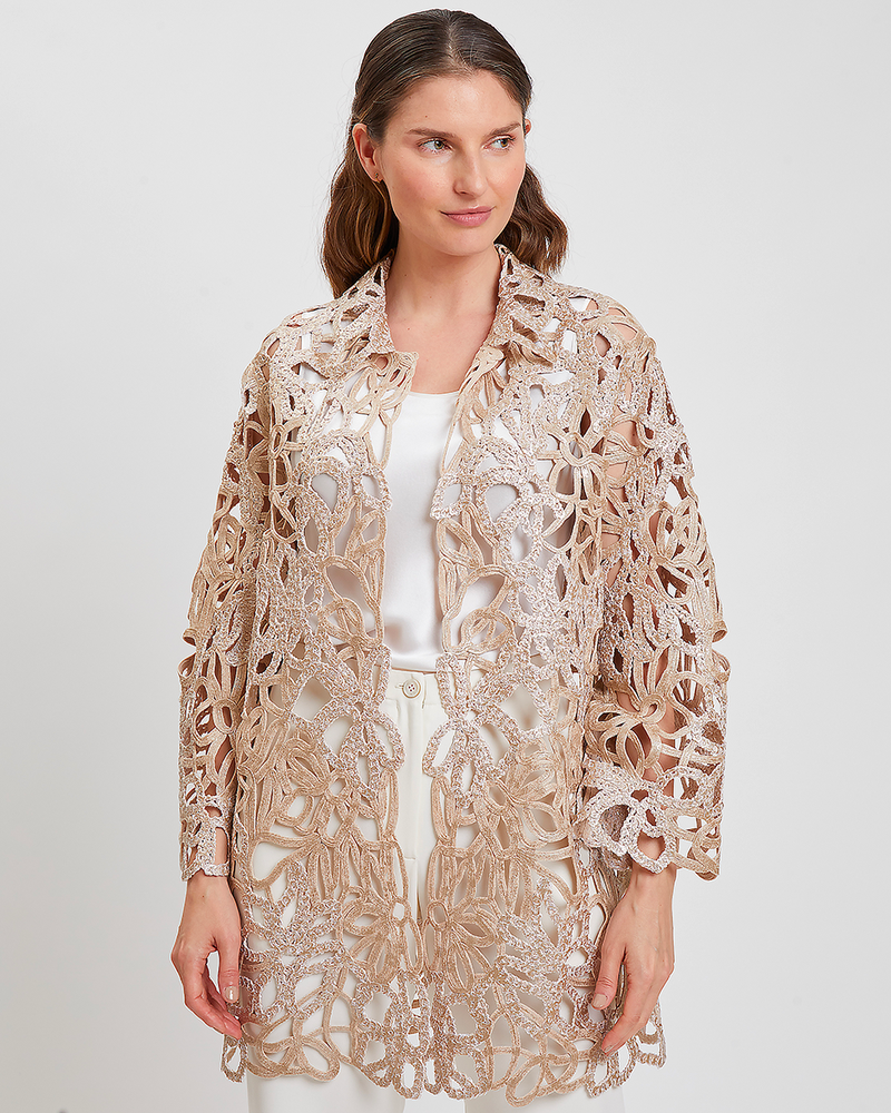 HAND MADE INTERICATE LONG LACE JACKET:  GOLD