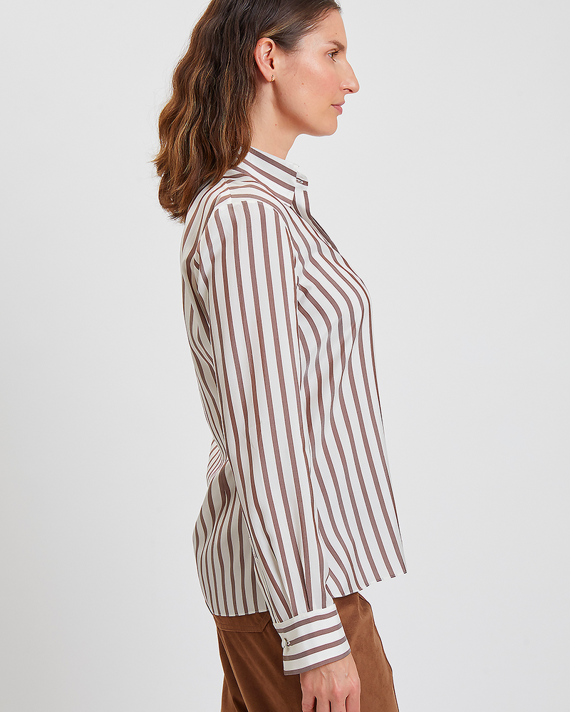 100% SILK COLLAR WITH SIDE SLITS SHIRT: STRIPE: BROWN