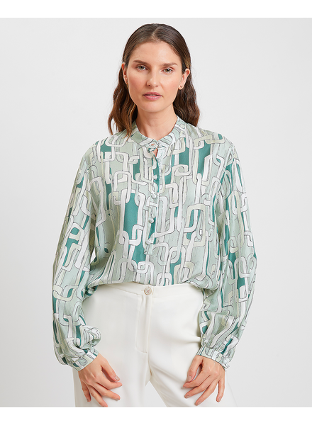 POP OVER WITH POET SLEEVE SILK PRINTED SHIRT: CHAINS: LIGHT GREEN