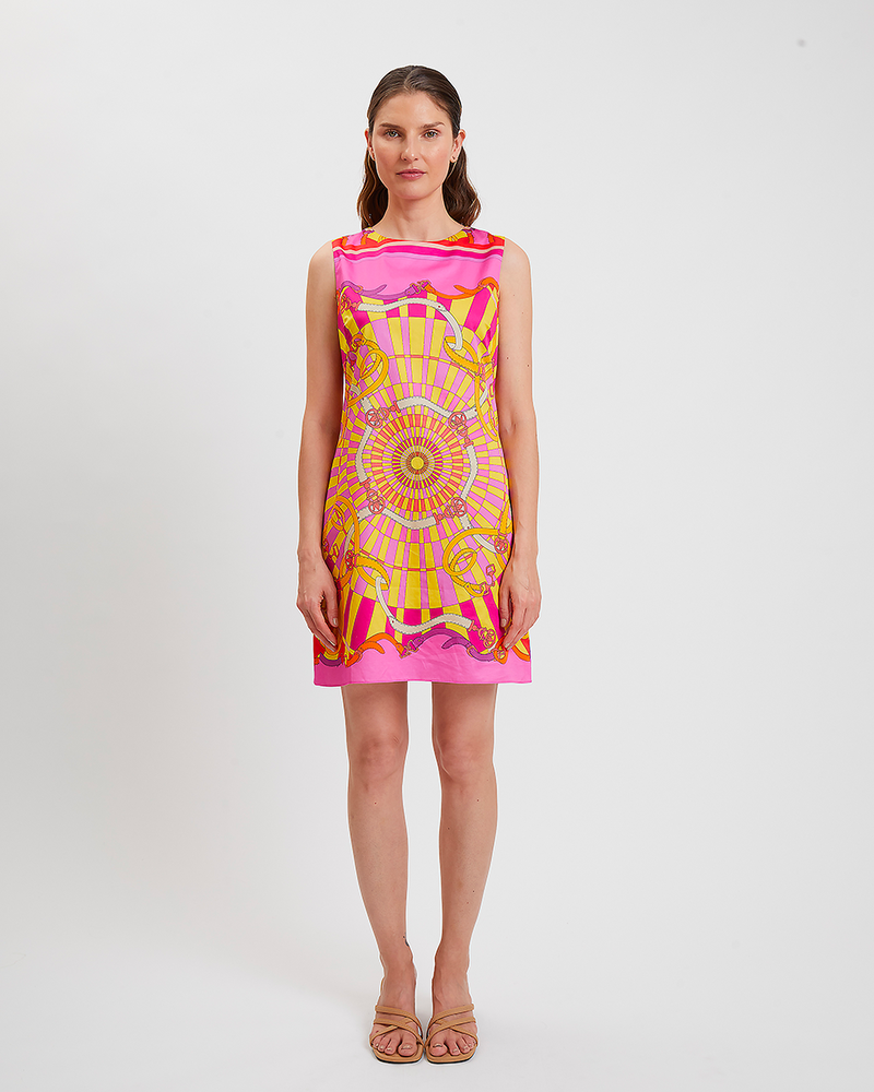 COTTON PRINTED SLEEVELESS DRESS: FIRENZE: HIBISCUS