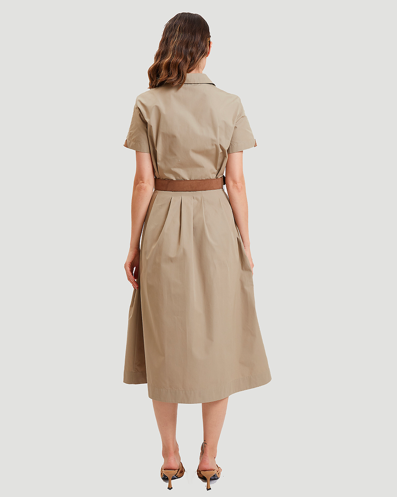 COTTON DRESS WITH BELT AND WAIST: KHAKI