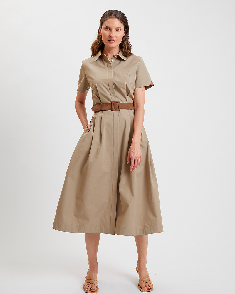 COTTON DRESS WITH BELT AND WAIST: KHAKI