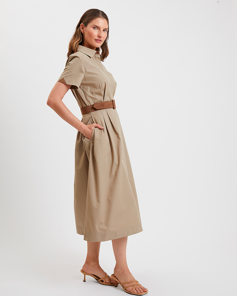 COTTON DRESS WITH BELT AND WAIST: KHAKI