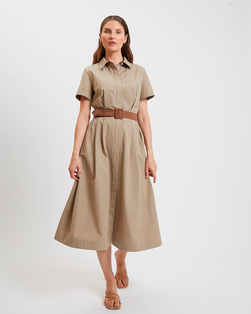 COTTON DRESS WITH BELT AND WAIST: KHAKI