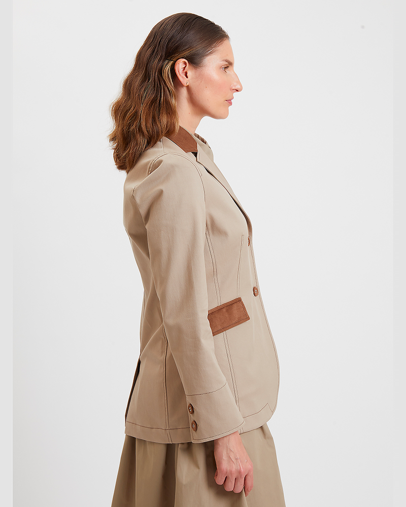 COTTON QUILTED BLAZER WITH SUEDE DETAIL: KHAKI