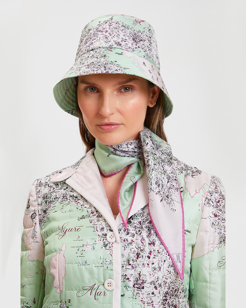 100% SILK PRINTED QUILTED BLAZER WITH SUEDE DETAIL: ITALY: CELADON