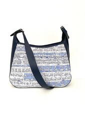 PRINTED LINEN AND LEATHER SHOULDER BAG: PALM BEACH: NAVY