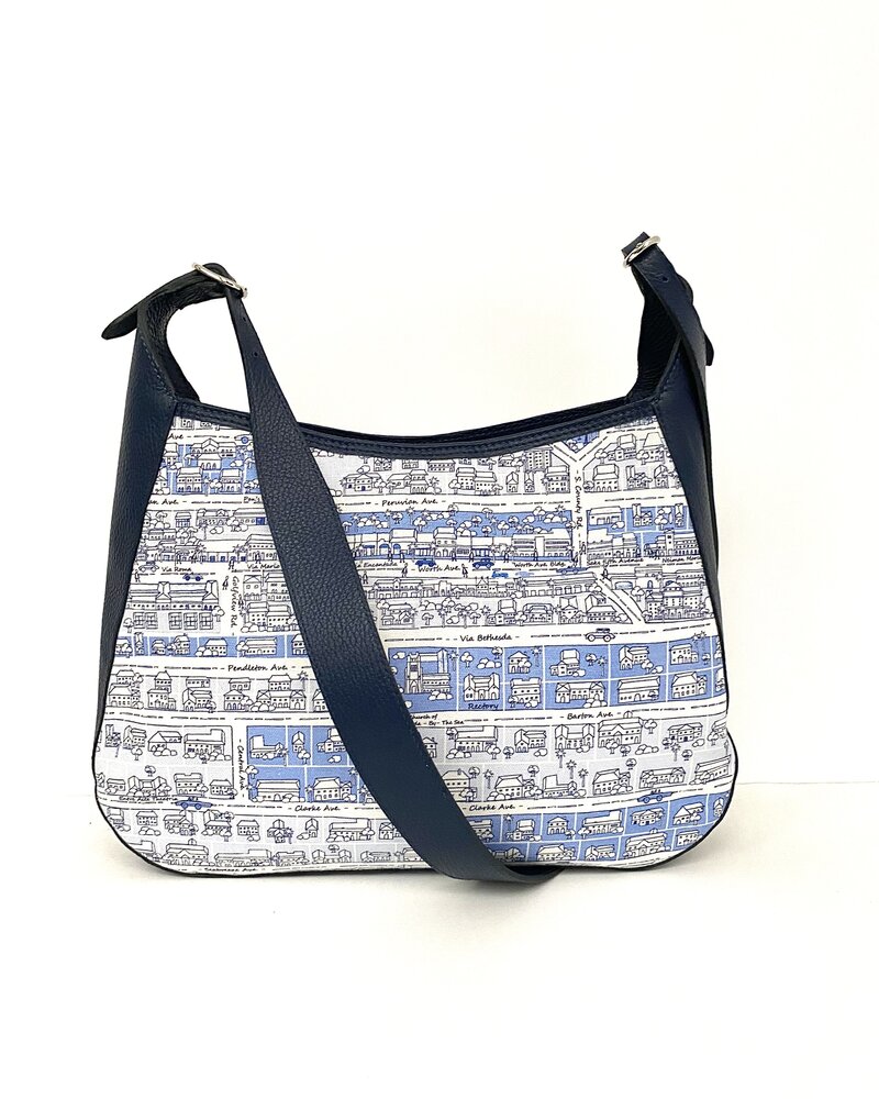 PRINTED LINEN AND LEATHER SHOULDER BAG: PALM BEACH: NAVY