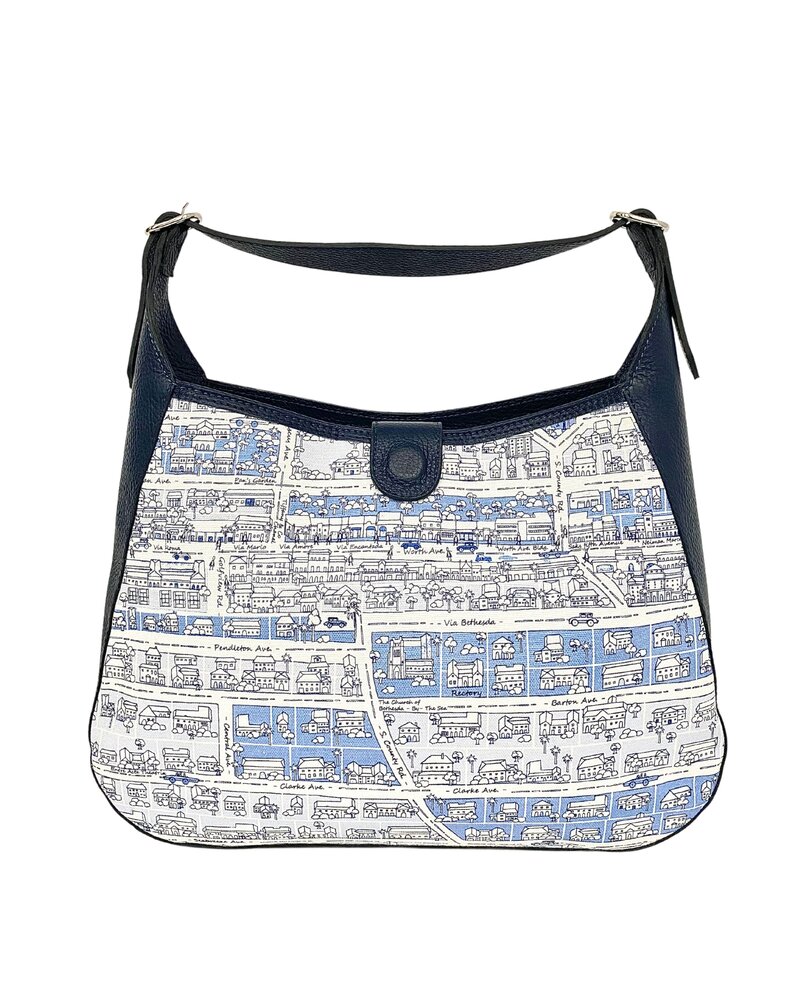 PRINTED LINEN AND LEATHER SHOULDER BAG: PALM BEACH: NAVY