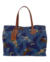PRINTED LINEN AND LEATHER TOTE BAG: NAVY