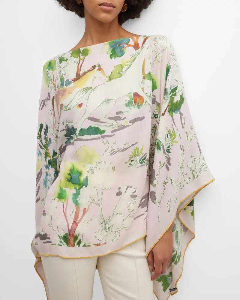 CASHMERE PRINTED PONCHO: PONIES: PINK