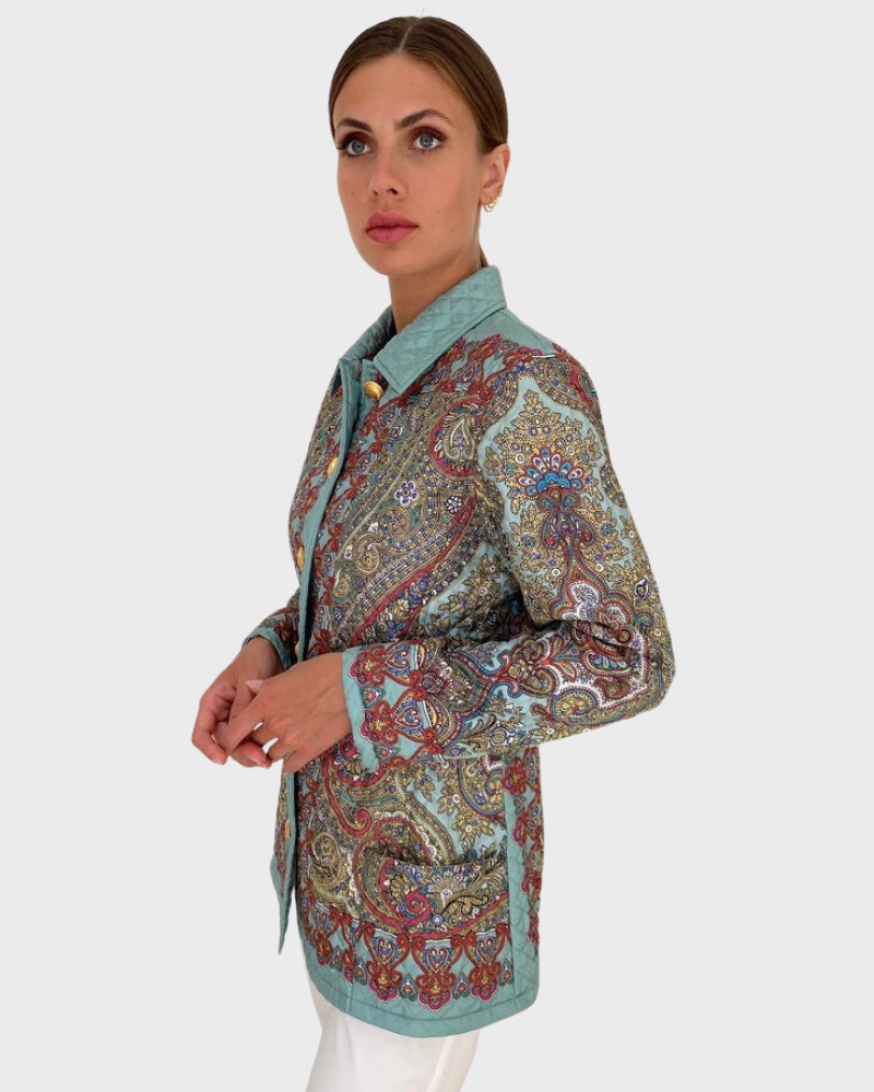 SILK PRINTED QUILTED JACKET: PAISLEY SAGE