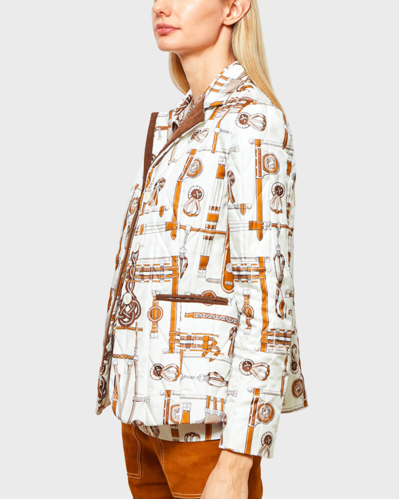 SILK PRINTED QUILTED BLAZER WITH SUEDE DETAIL: BITS: IVORY