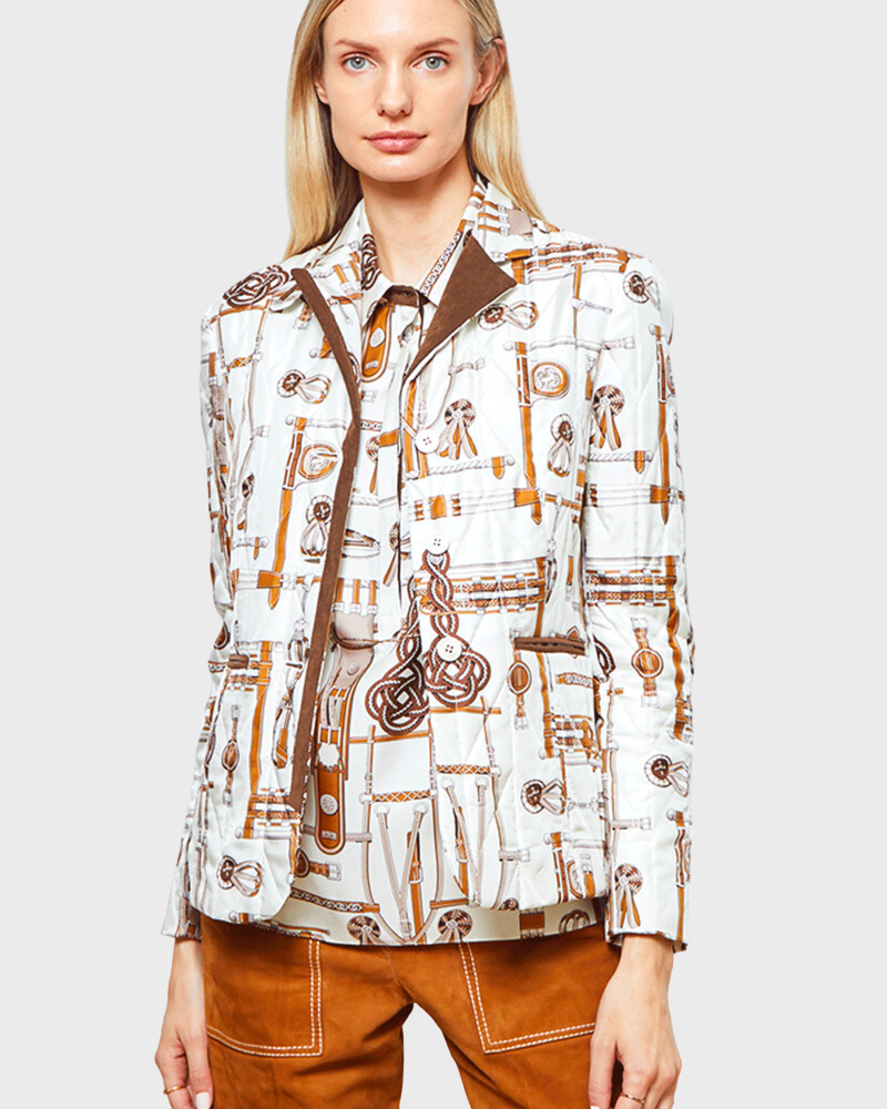 SILK PRINTED QUILTED BLAZER WITH SUEDE DETAIL: BITS: IVORY