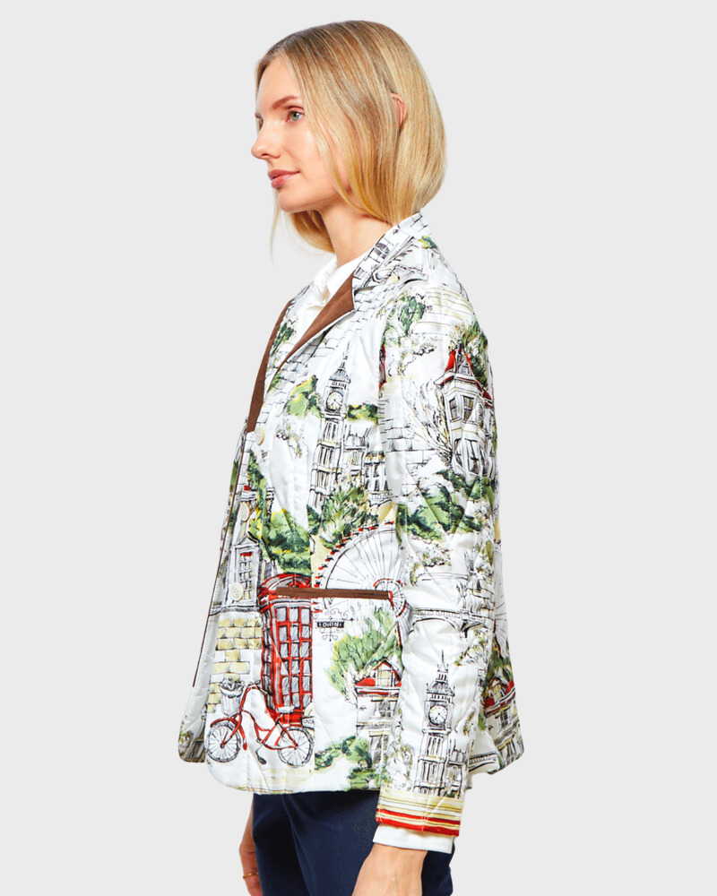 100% SILK PRINTED QUILTED BLAZER WITH SUEDE DETAIL: LONDON: RUST