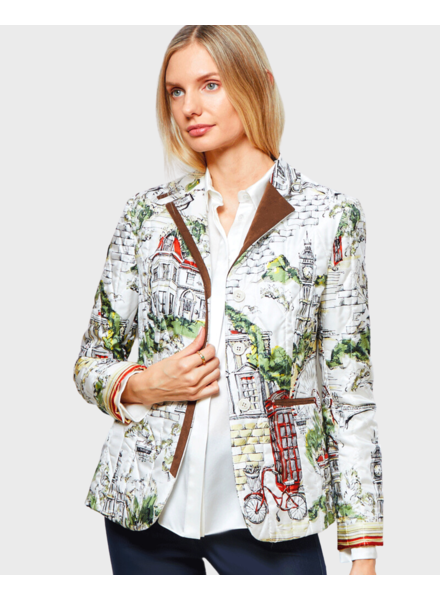 SILK PRINTED QUILTED BLAZER WITH SUEDE DETAIL: LONDON: RUST