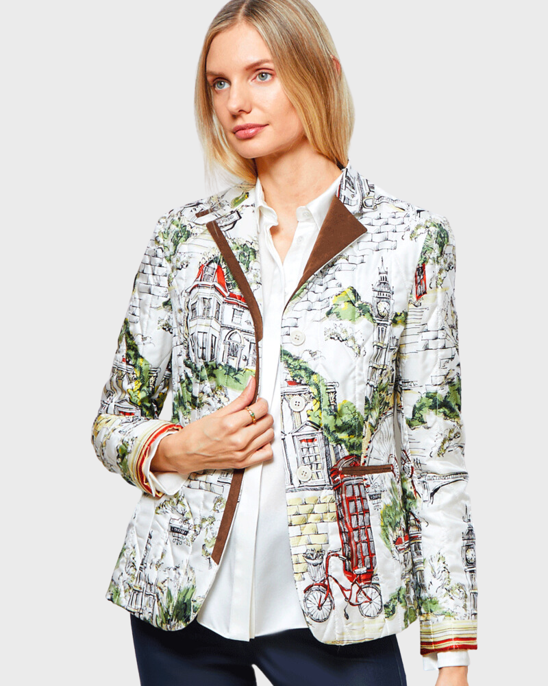 100% SILK PRINTED QUILTED BLAZER WITH SUEDE DETAIL: LONDON: RUST