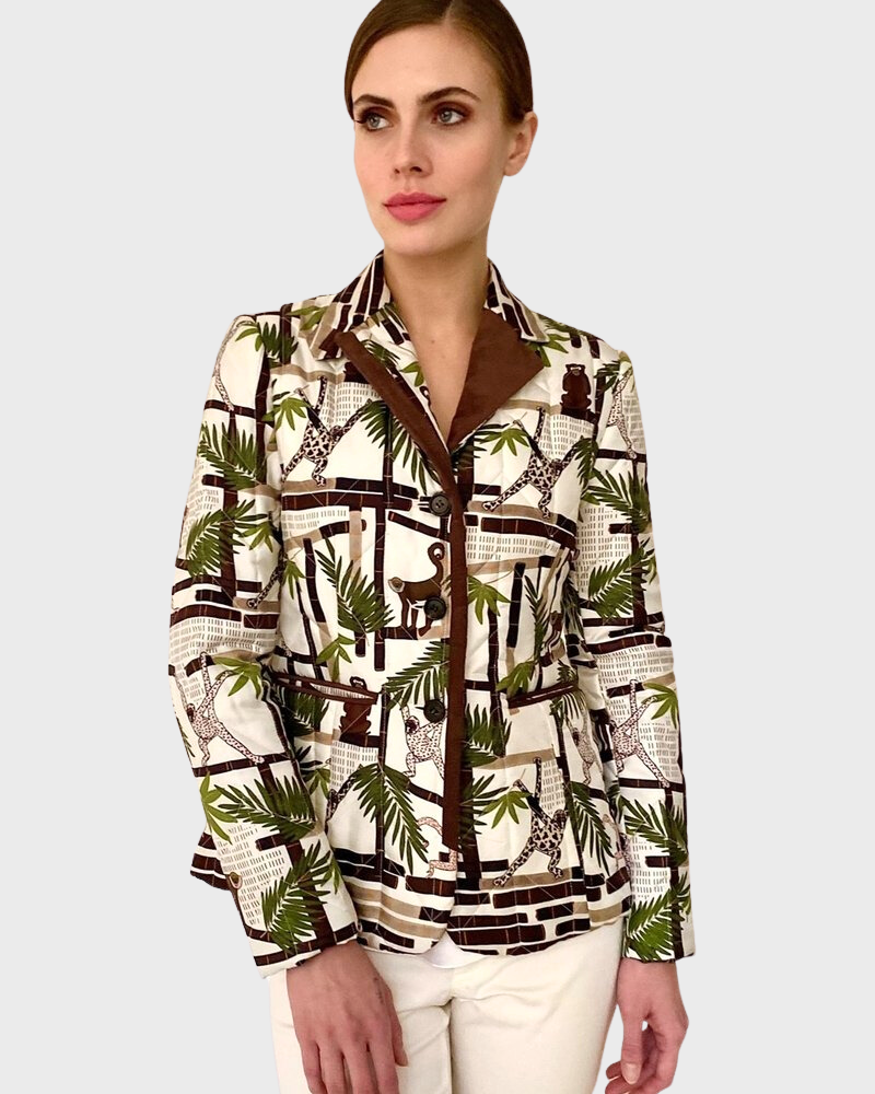 SILK PRINTED QUILTED BLAZER: MONKEY:MULTICOLOR
