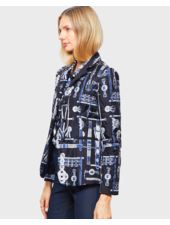 SILK PRINTED QUILTED BLAZER WITH SUEDE DETAIL: BITS: NAVY