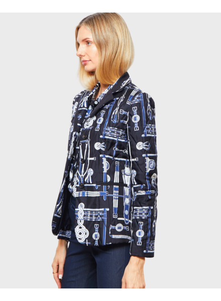SILK PRINTED QUILTED BLAZER WITH SUEDE DETAIL: BITS: NAVY