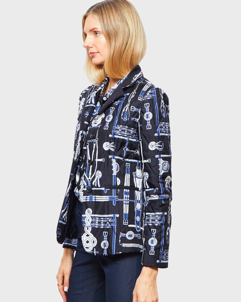 100% SILK PRINTED QUILTED BLAZER WITH SUEDE DETAIL: BITS: NAVY
